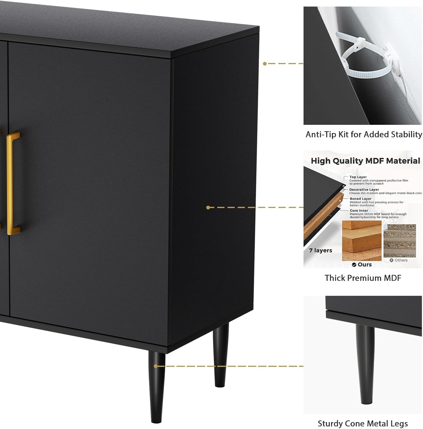 Vrullu Modern Storage Cabinet, Free Standing Buffet Cabinet, Black Sideboard and Buffet Storage, Wood Accent Furniture for Living Room, Hallway, Entryway, Dining Room (1, Black) | Modern, Sideboard, Buffet Storage, with Doors, Accent Cabinet, 1