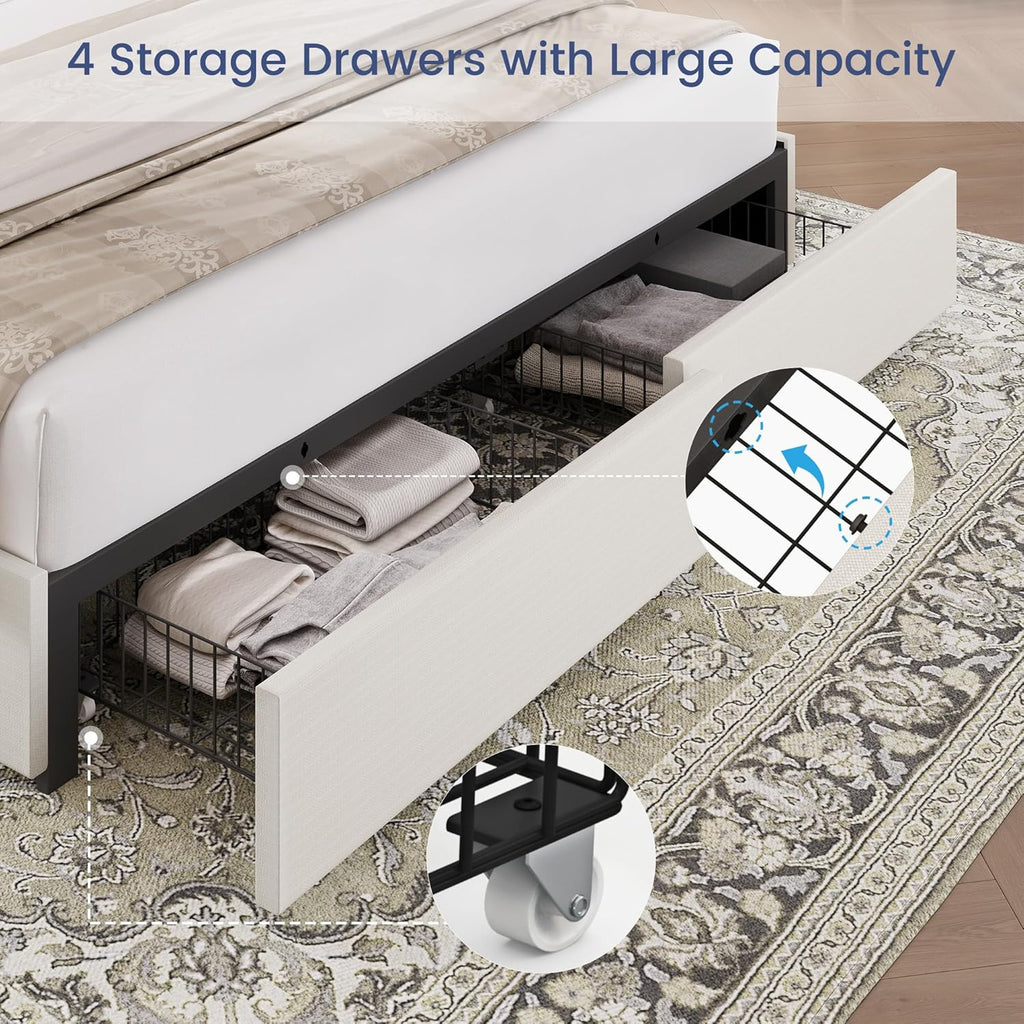 King Size Bed Frame with 4 Storage Drawers Linen Upholstered Platform Bed with Wingback Headboard, No Box Spring Needed, Easy Assembly, White