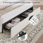 King Size Bed Frame with 4 Storage Drawers Linen Upholstered Platform Bed with Wingback Headboard, No Box Spring Needed, Easy Assembly, White