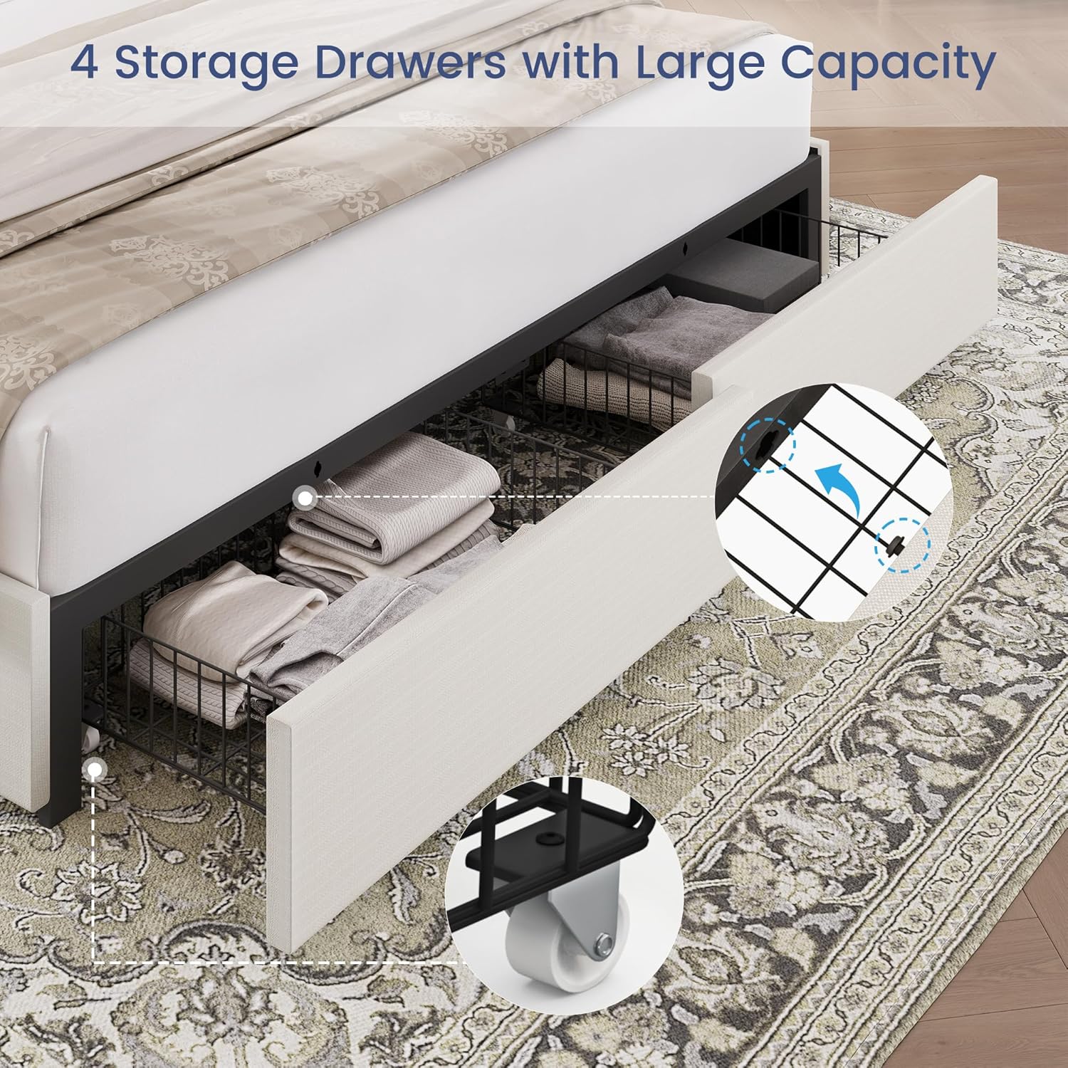 King Size Bed Frame with 4 Storage Drawers Linen Upholstered Platform Bed with Wingback Headboard, No Box Spring Needed, Easy Assembly, White