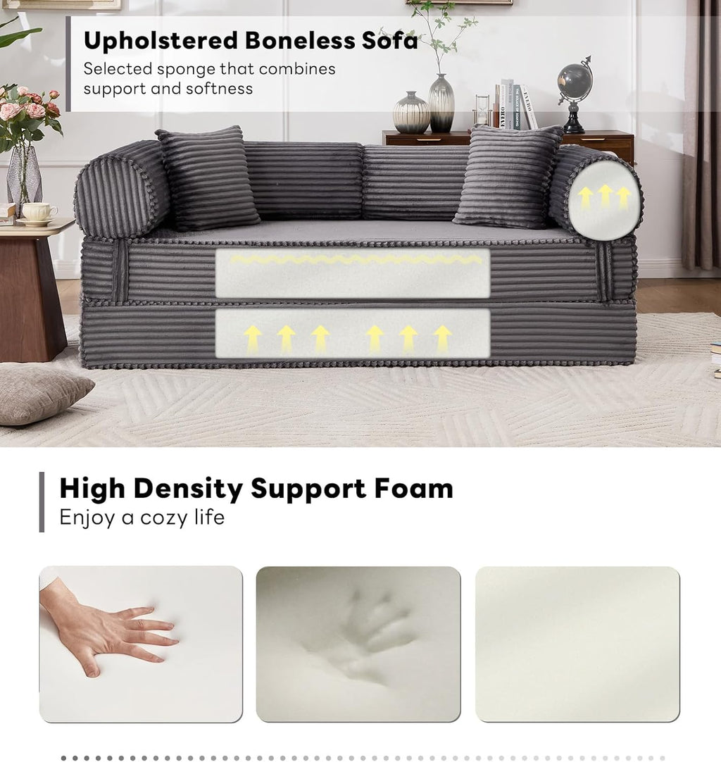 Tbfit Boneless Sofa Bed, Corduroy Compress Couch with Wide Armrests & 2 Pillows, Deep Seat Couches for Living Room, Gray