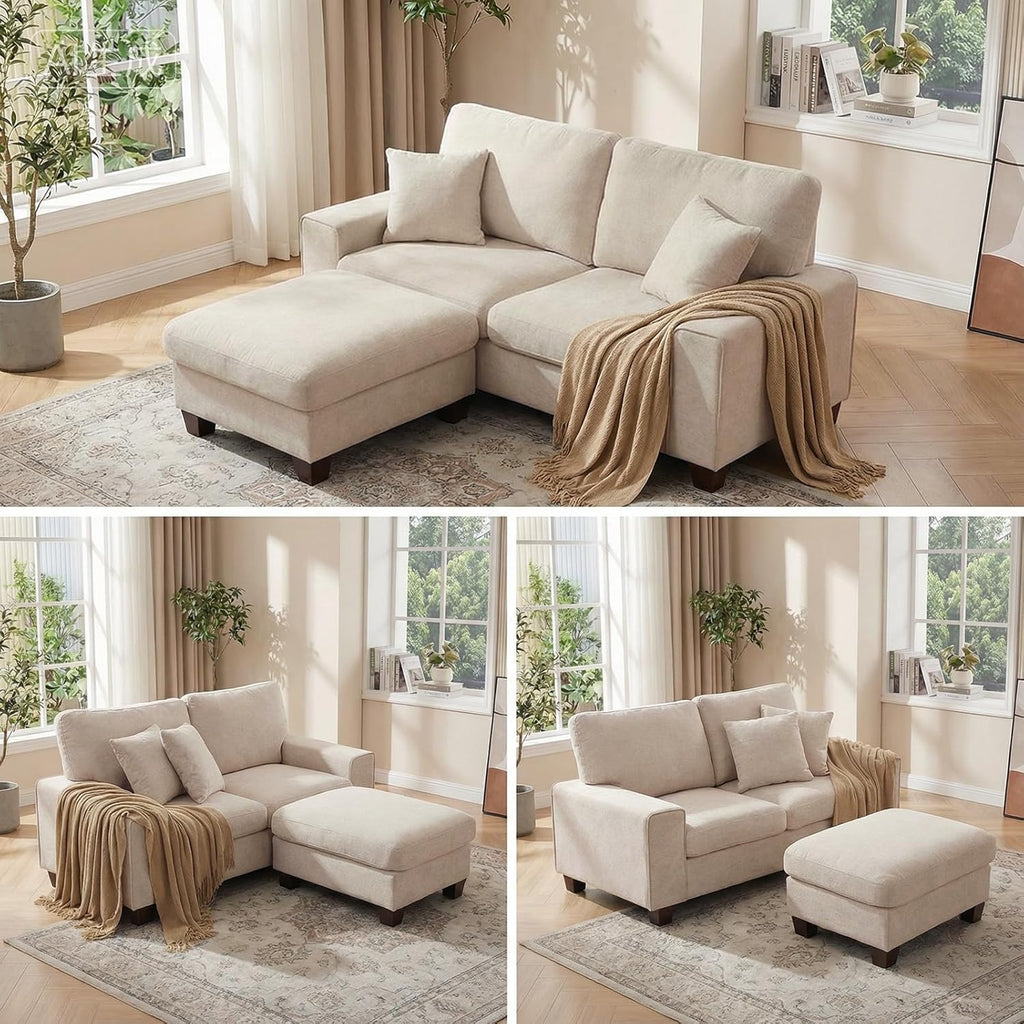 DOPEDIO L-Shaped Sectional Sofa with Storage Ottoman, Modern Chenille Recliner Loveseat, Removable Couch Covers, Pocket Spring Cushions, Solid Wood Frame, Easy to Install (71.25inch, Beige)