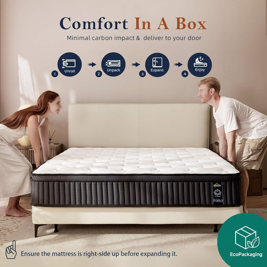 HELFIM® Queen Mattress - 12 Inch Medium Firm Ergonomic Mattress, Hybrid Zoned Pocket Springs with Memory Foam for Spinal Support & Motion Isolation - CertiPUR-US Certified, 365-Night Trial