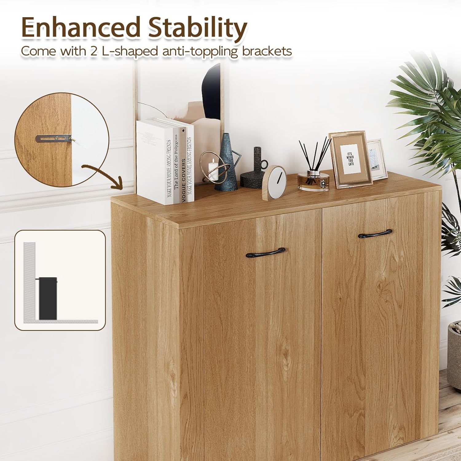 Giantex Modern Storage Cabinet, 38" Credenza with 2 Doors and 4 Cubic Shelves, Anti-Tipping Device, Sturdy Metal Hings, Wooden Sideboard Cabinet for Living Room, Kitchen, Entryway, Natural