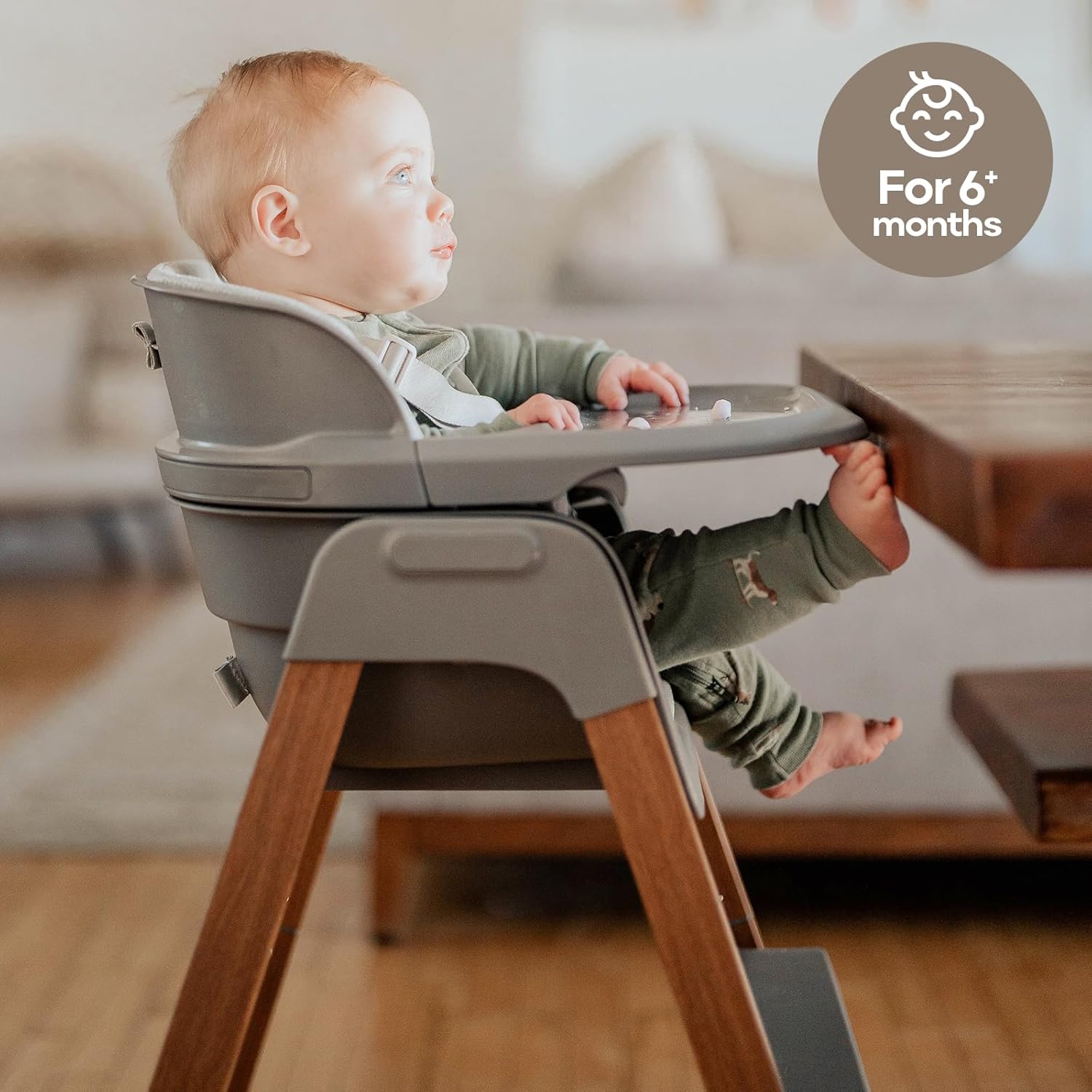 Fodoss Baby High Chair, Light Gray, 4-in-1 Foldable Design, Sturdy Metal Square Tube with Wood Grain, Removable Dishwasher Safe Tray, 5-Point Harness, Waterproof Cushion