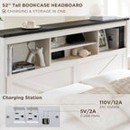 ACCOHOHO King Bed Frame Farmhouse with 52" Storage Bookcase Headboard, 4 Drawers Wooden Bed Frame, LED Light, Charging Station - White