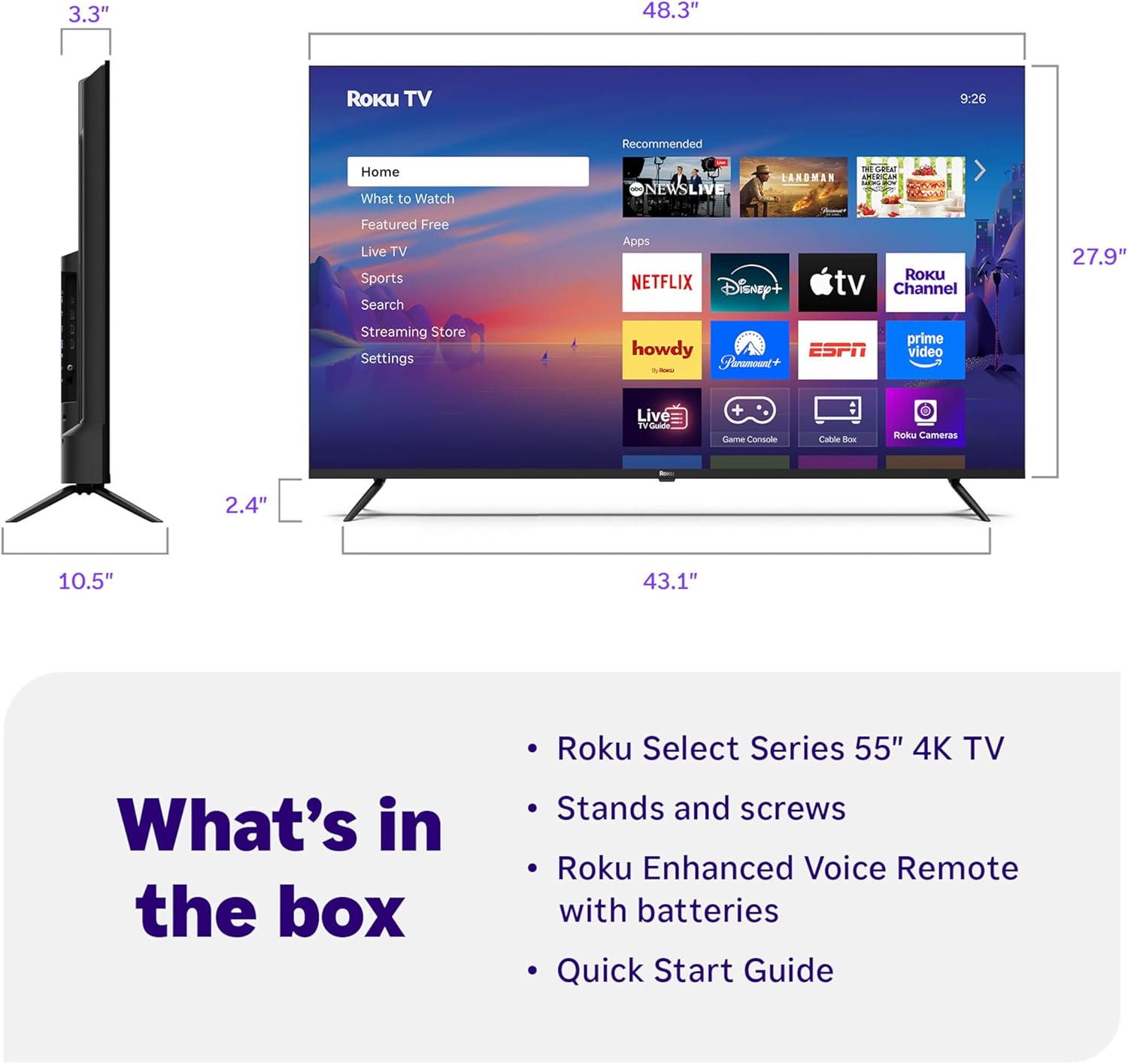 Roku Smart TV – 55-Inch Select Series  4K HDR TV – Roku TV with Enhanced Voice Remote – Flat Screen LED Television with Wi-Fi for Streaming Live Local News  Sports  Family Entertainment