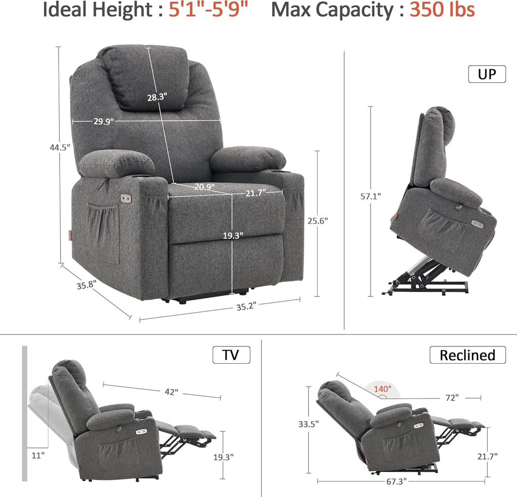 MCombo Power Lift Recliner Chair for Elderly, Lift Chair with Heat and Massage, FSC Certified, USB&Type C Ports, Cup Holders, Fabric 7040 (Medium, Gray)