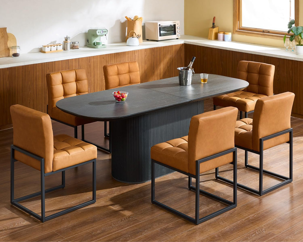 Brown Faux Leather Dining Chairs Set of 2, Mid-Century Modern Dining Room Chairs with Armless, Checkered Kitchen Chair with Metal Legs
