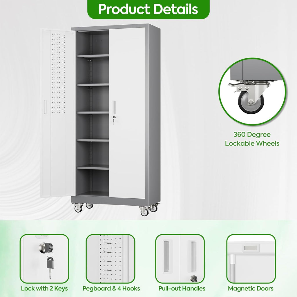 71" H Metal Storage Cabinet with Wheels and Pegboard, Lockable Steel Garage Storage Cabinet with 5 Adjustable Shelves and Door for Garage, Office, Kitchen, Assembly Required（Grey and White）