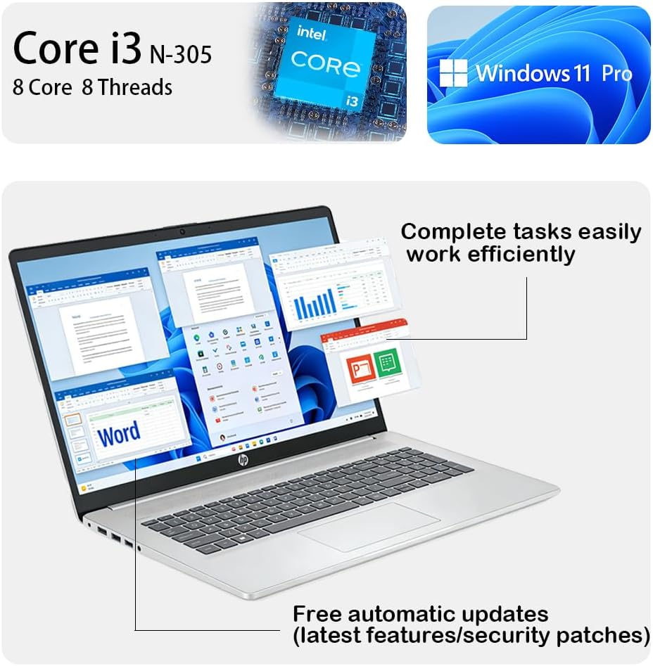 HP 17.3'' Touchscreen Laptop Computer-Windows 11 Pro for Business & Home Use  8-Cores Intel i3-N305  32GB RAM  128GB eMMC+1TB PCIe M.2 SSD  720 HD Webcam  HDMI  Num Pad  Wi-Fi 6  1 Year Office 365