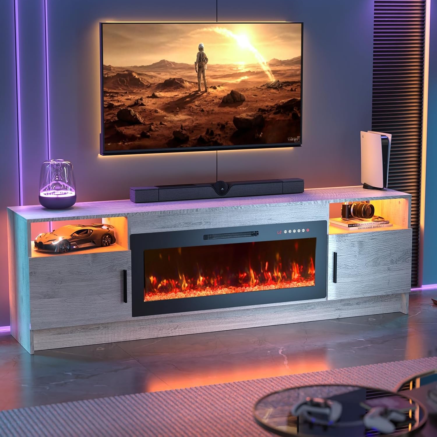 70'' TV Stand with Fireplace, Entertainment Center with Fireplace for 75+inch TV- Grey TV Cabinets with Storage, 20 Led Colors, Cable Management, Modern TV Console for Living Room