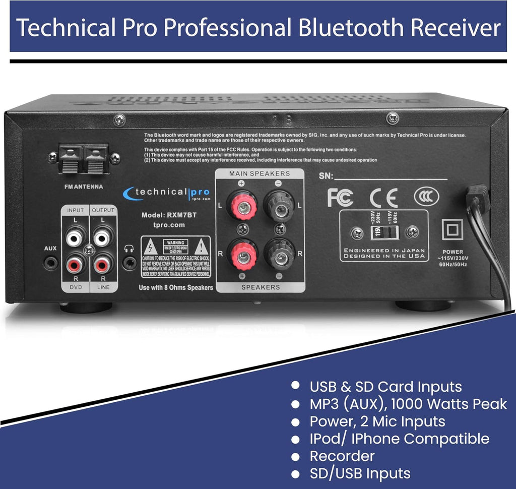 Home Theater System Kit 1000 Watts Bluetooth Receiver w/ 6 Qty 5.25" 175 Watts Each in-Wall in-Ceiling Speakers & 16 Gauge 250 ft. Speaker Wire Portable Microphone w/Remote Control by Technical Pro