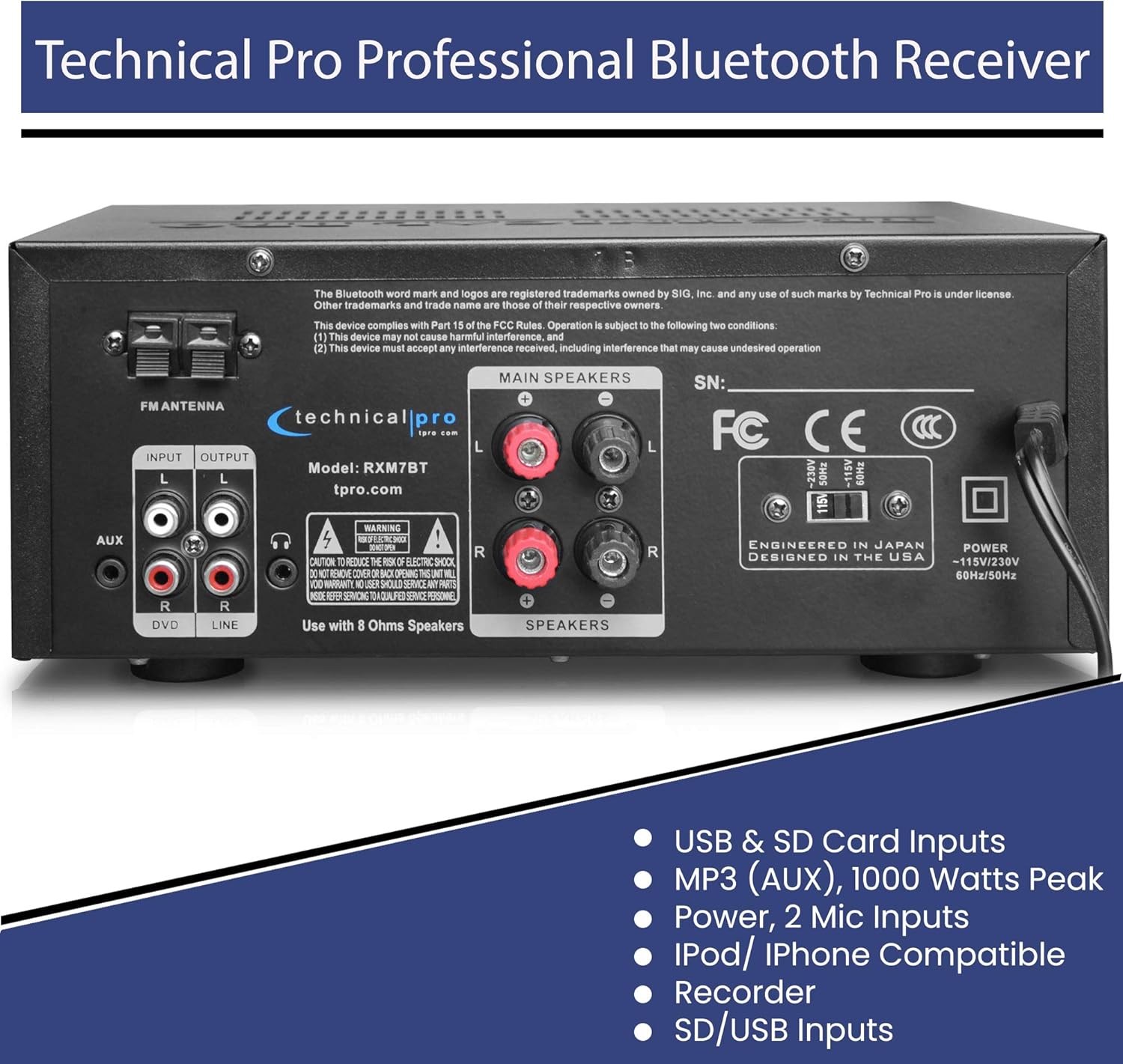 Home Theater System Kit 1000 Watts Bluetooth Receiver w/ 6 Qty 5.25" 175 Watts Each in-Wall in-Ceiling Speakers & 16 Gauge 250 ft. Speaker Wire Portable Microphone w/Remote Control by Technical Pro