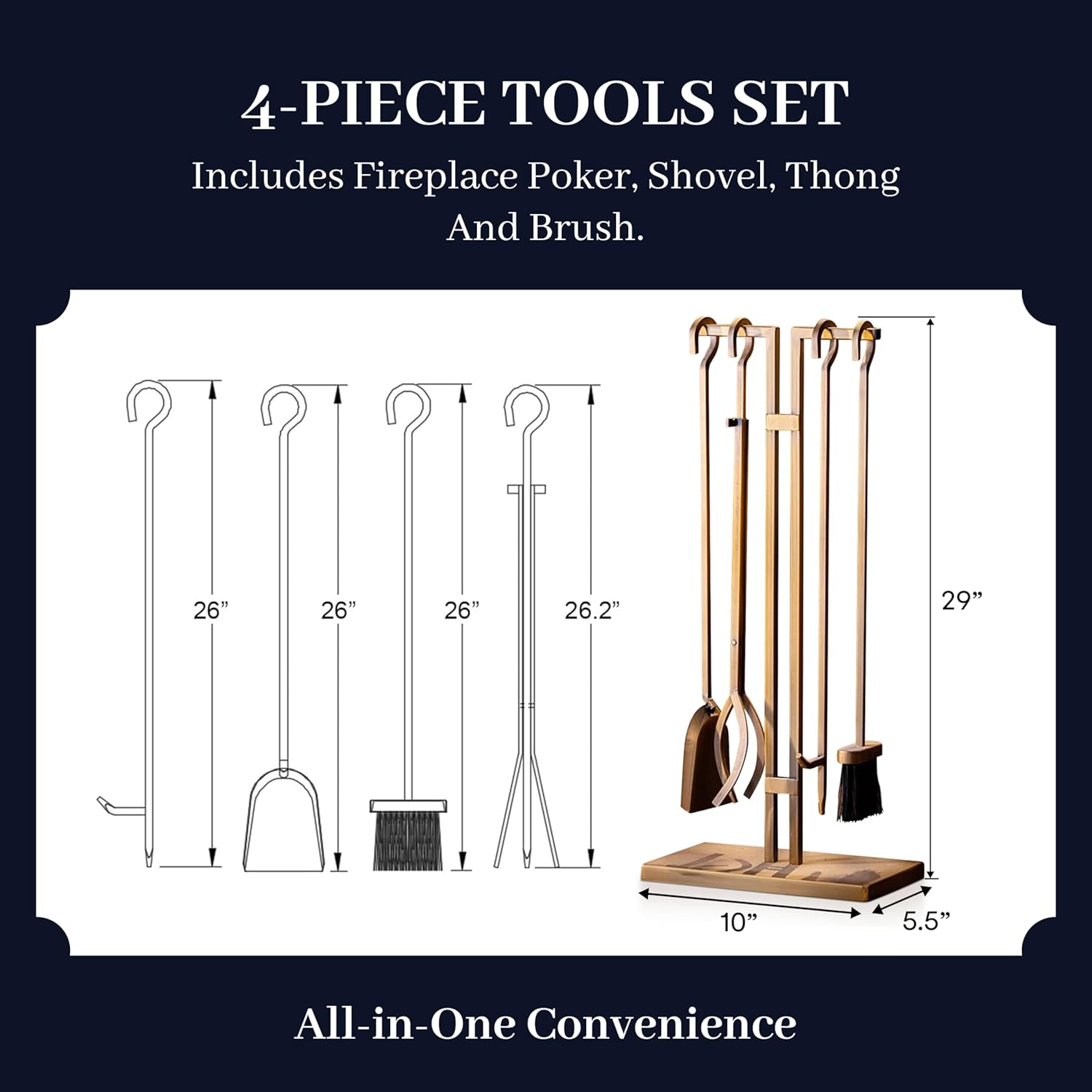 2WAYZ FLAMELY 5-Piece Fireplace Tools Set - Includes Fire Poker, Shovel, Brush, Tongs, Stand - Heavy-Duty Fireplace Accessories and Fire Tools for Indoor or Outdoor Use