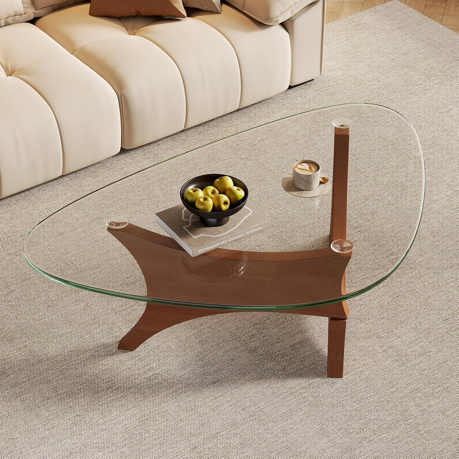 Glass Coffee Table Mid-Century Modern Coffee Table for Living Room Center Table Suitable for Bedroom Living Room Reception Office Tables（Walnut/Transparent，Medium）