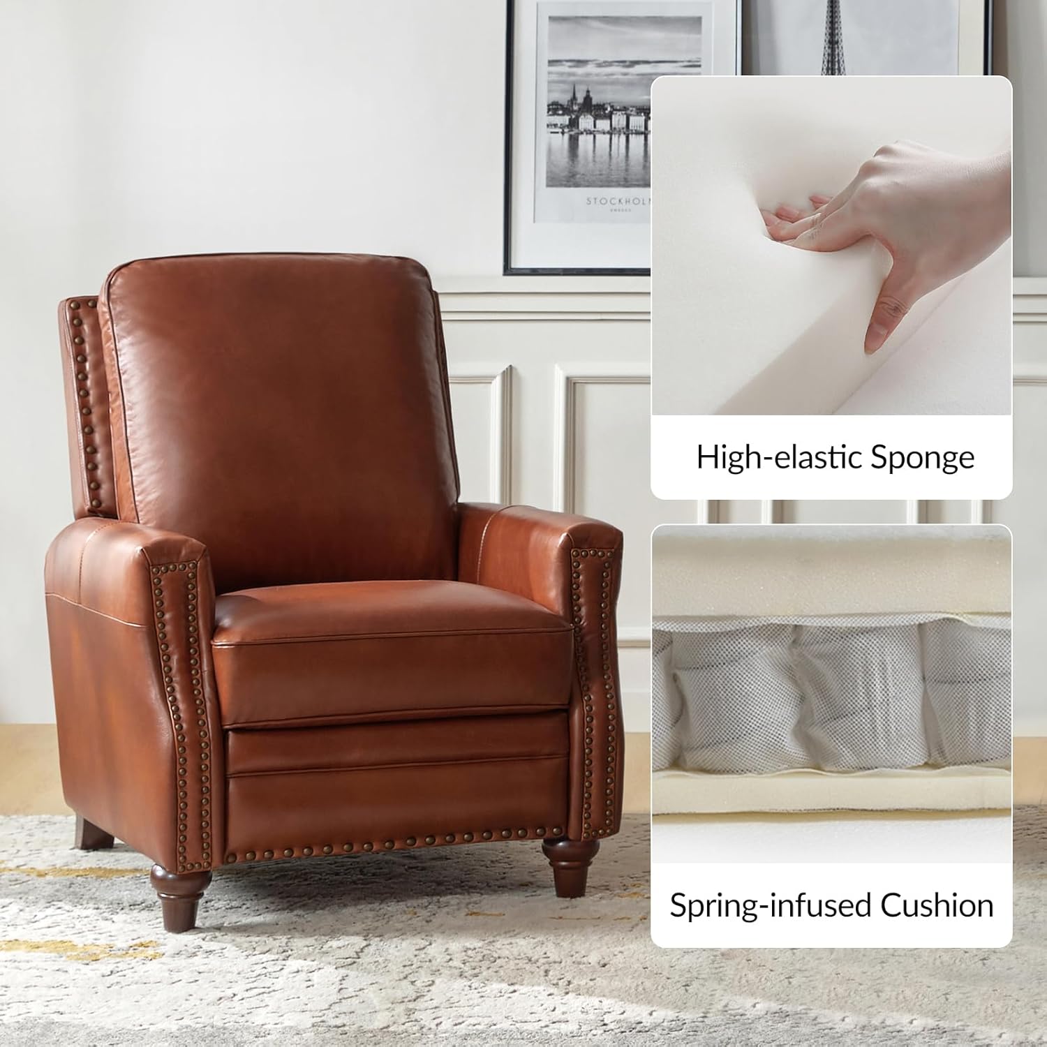 HULALA HOME Genuine Leather Recliner Chair, Classic Push Back Recliner Armchair with Thick Seat and Backrest (Saddle)