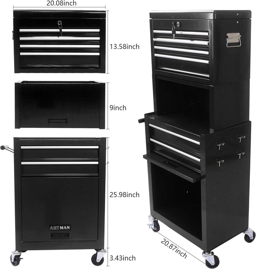 RYH 6 Drawers Rolling Tool Chest & Tool Box on Wheels | Heavy Duty Metal Cart with Ball Bearing Drawers | Fits US General Tool Box for Garage Storage (Black, 6 Drawers 3 in 1/51.99" H × 20.87" W)