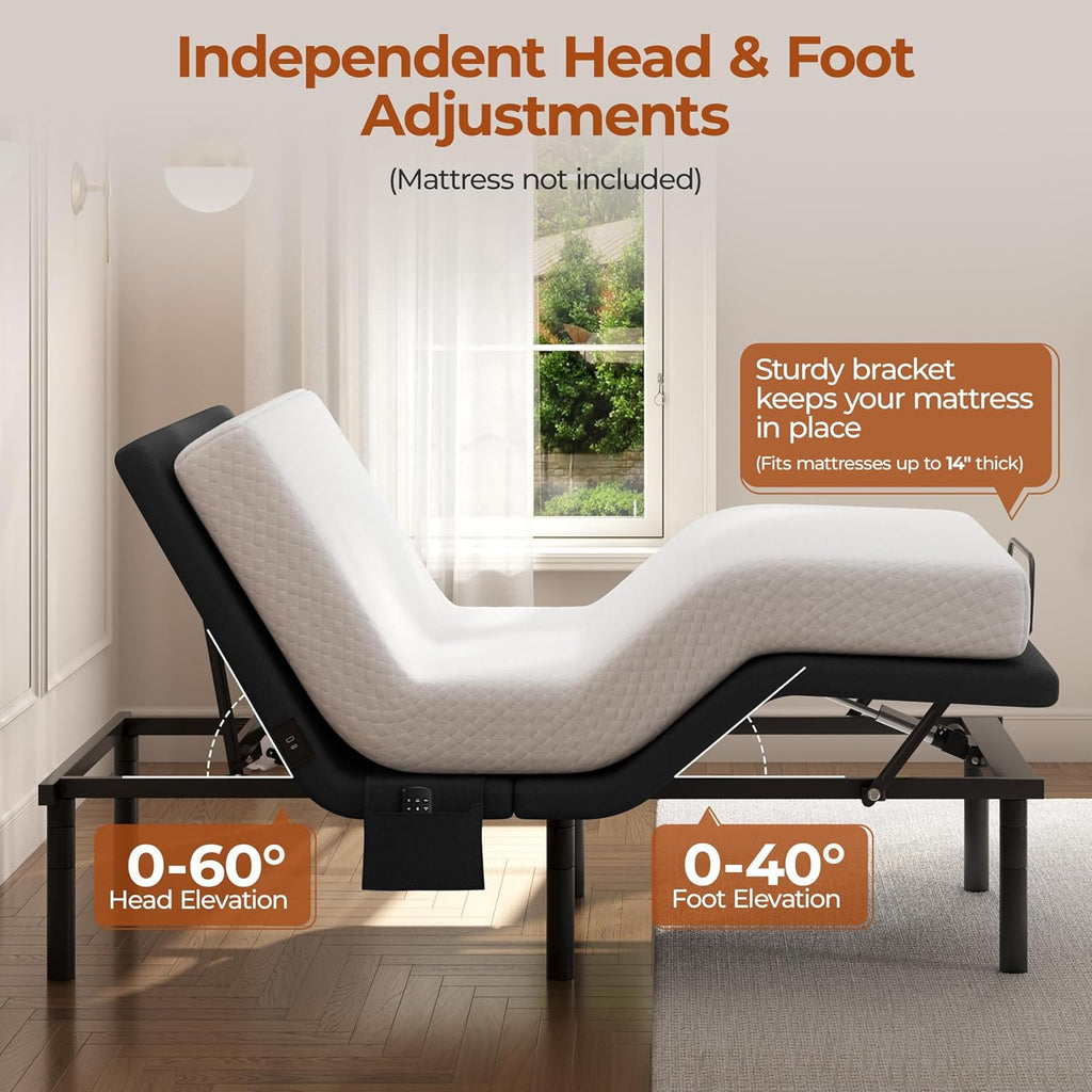 Yaheetech Twin XL Adjustable Bed Frame,w/Wireless Remote,Massage Function,Nightlight,4 Height-Adjustable Legs,Head & Foot Incline,USB Ports,Easy Assembly(3-Step)