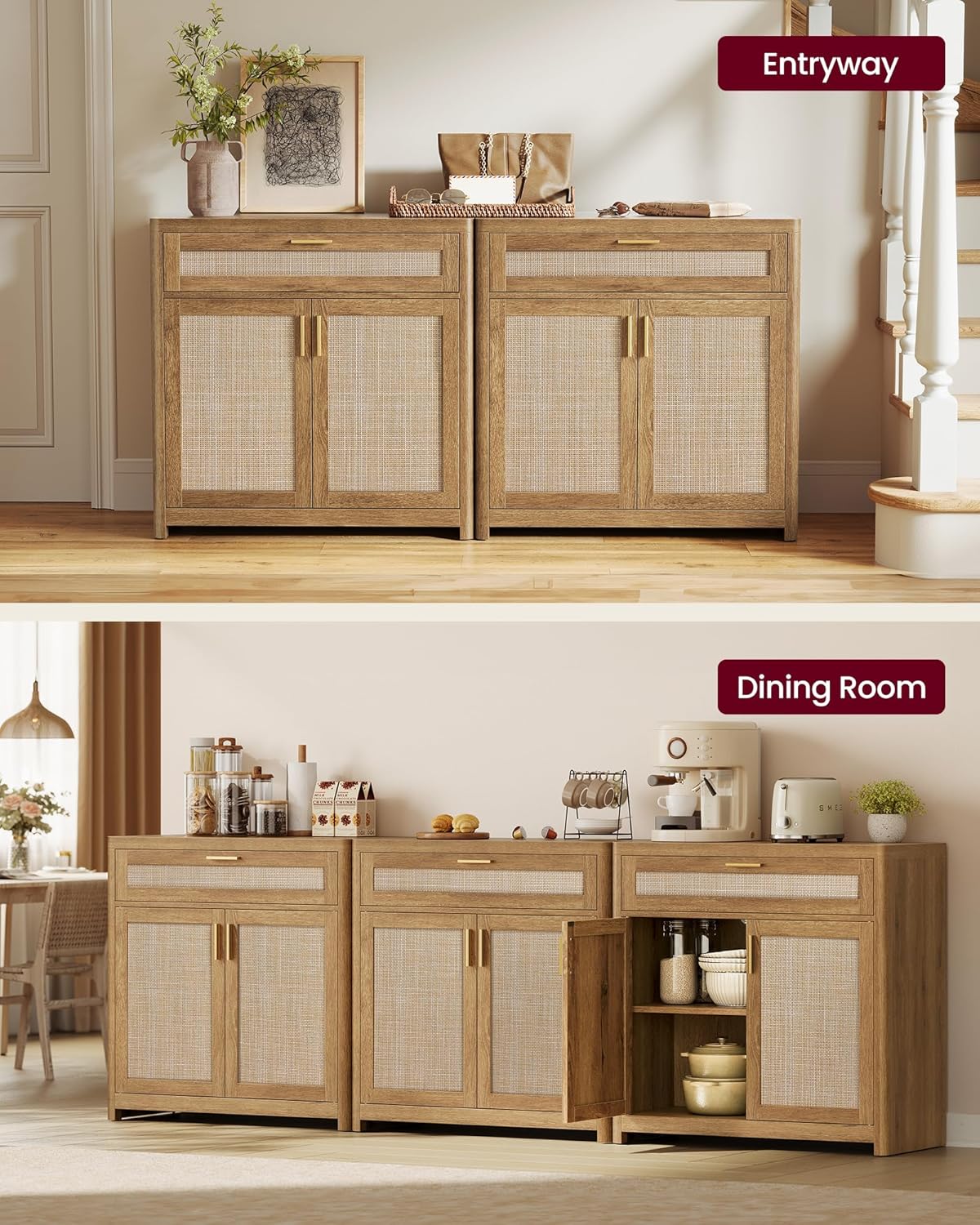 VASAGLE ELLAN Collection - Boho Buffet Cabinet with Rattan-Look Doors, Sideboard Storage Cabinet, Rounded Corners, Adjustable Shelf, Drawer, for Kitchen, Natural Brown UBBK601KC01