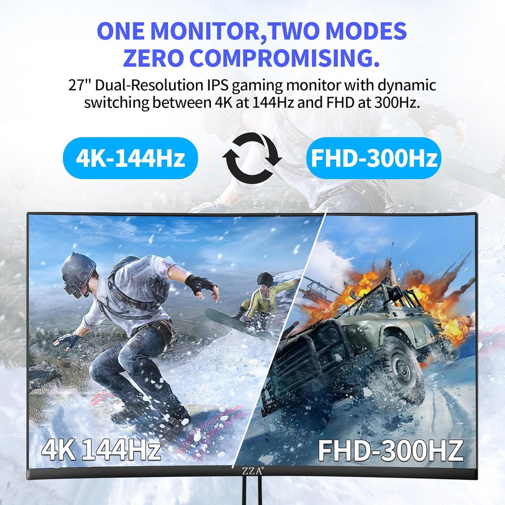 ZZA 27 Inch 4K Gaming Monitor Dual Mode UHD(3840x2160) 144Hz & FHD（1920 * 1080） 300Hz  Adaptive Sync HDMI 2.1 & DP 1.4  Tilt Adjustment PC Monitor  VESA  Black