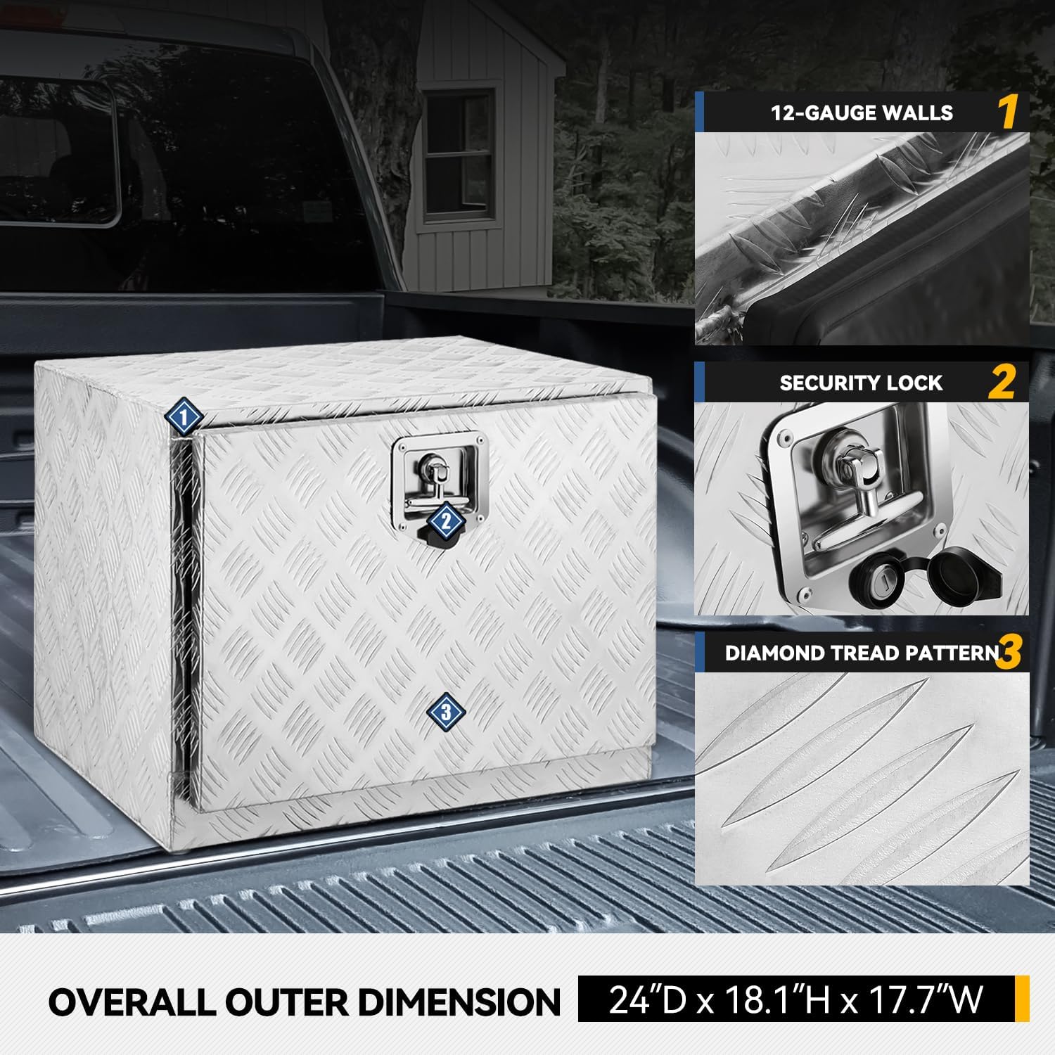 Underbody Truck Box, 24'' D x 17.7"W x 18.1"H Pickup Storage Box, Heavy Duty Aluminum Diamond Plate Tool Box with Lock and Keys, Waterproof Trailer Storage Box with T-Handle Latch - Silver