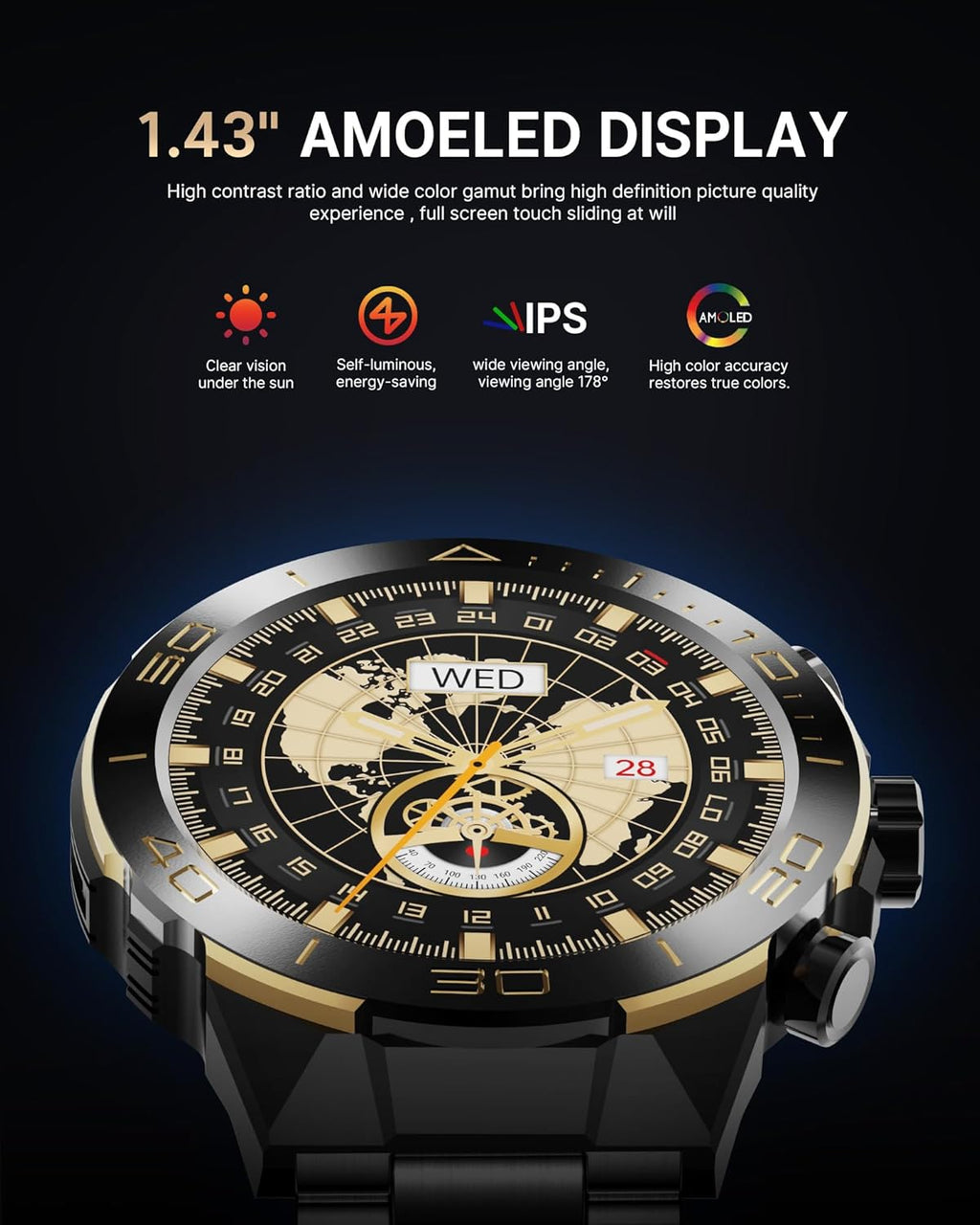 Smart Watch for Men Answer/Make Call for Android iPhone  1.43" AMOLED HD Screen Mens Luxury Watch  400mAh Heavy Duty Smartwatch Heart Rate Blood Oxygen Blood Pressure Sleep Monitor Pedometer  2 Straps