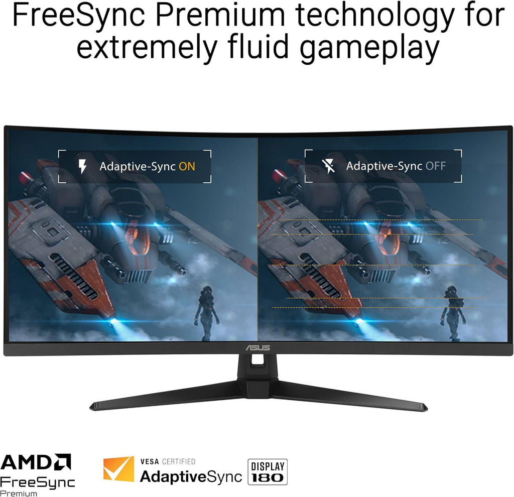 ASUS TUF Gaming 34” Ultra-Wide Curved Monitor (VG34VQ3B) – 21:9 QHD (3440x1440)  180Hz  1ms  Extreme Low Motion Blur Sync  FreeSync Premium  Speaker  90% DCI-P3  DisplayWidget Center  3 yr Warranty