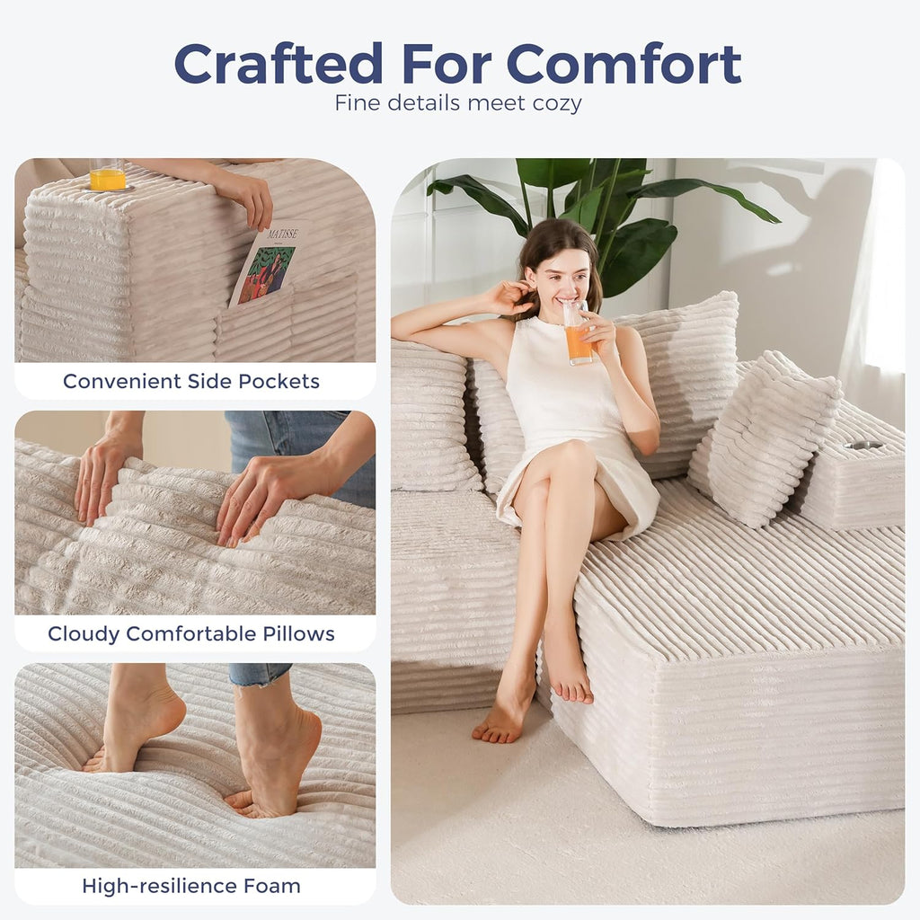 MAXYOYO 132" Giant U-Shaped Modular Sectional Couch, Modern Boneless Couch for Living Room, Sofa in A Box, Oversized Sofa Sleeper with Deep Seat, No Assembly Required, Grayish Beige