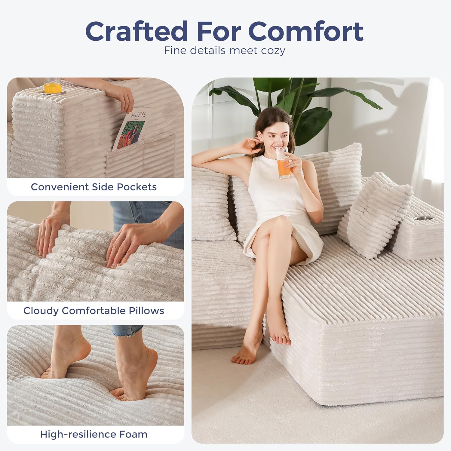 MAXYOYO 132" Giant U-Shaped Modular Sectional Couch, Modern Boneless Couch for Living Room, Sofa in A Box, Oversized Sofa Sleeper with Deep Seat, No Assembly Required, Grayish Beige