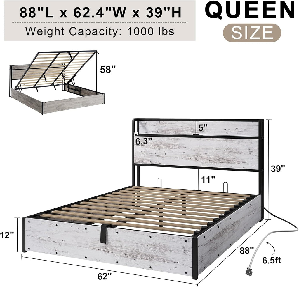 AMERLIFE Queen Size Lift Up Storage Bed Frame, Wooden Platform Bed Frame with Lifting Storage & Charging Station, No Spring Box Needed/Noise Free, White Birch