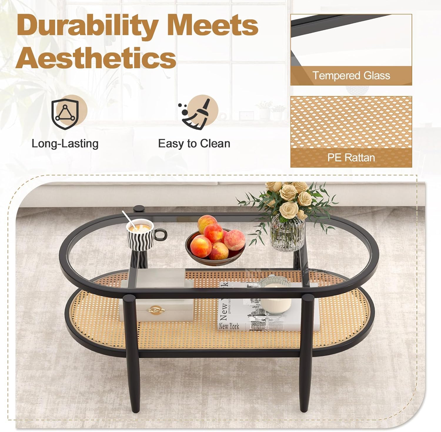 Giantex Rattan Coffee Table, 2-Tier Oval Wood Tea Table with Tempered Glass Tabletop & PE Rattan Storage Shelf, 40" Boho Cocktail Tables, Mid Century Modern Center Table for Living Room Office, Black