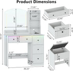 Vanity Desk with Mirror and Lights & Power Outlet, Makeup Vanity Set with Chair & RGB Ambient Light, Girls Vanity Dressing Table with 3 Lighting Modes & Adjustable Brightness for Bedroom, White