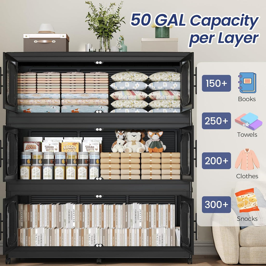 200Gal Extra Large Stackable Storage Bins with Lid & Wheels & Doors, 200QT/50GAL 4-Tiers Collapsible Closet Organizers Plastic Containers Drawers Boxes for Home Kitchen Bedroom, Black