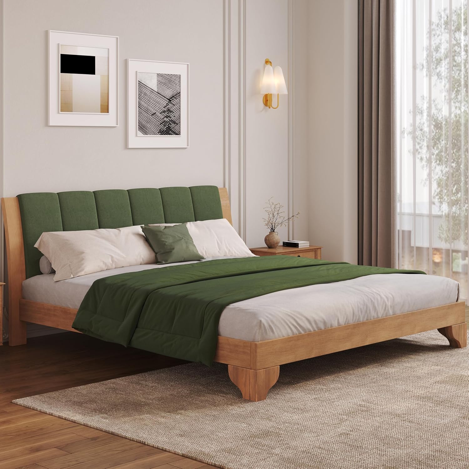 Christopher Knight Home Trisie Mid-Century Modern King Size Bed Frame and Headboard, Solid Wood King Platform Bed Frame with Upholstered Headboard, No Box Spring Needed, Easy Assembly, Natural