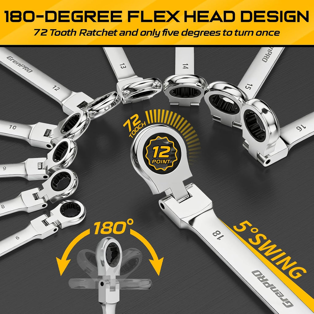 GRENPRO Ratchet Wrenches Set, 23PC Flex Head Ratcheting Wrench Set Metric and Standard & SAE, 6-18mm & 1/4" to 3/4" with Color Ring, CRV Open End Tool Organizer Pouch, Combination Ratchet Wrench Sets