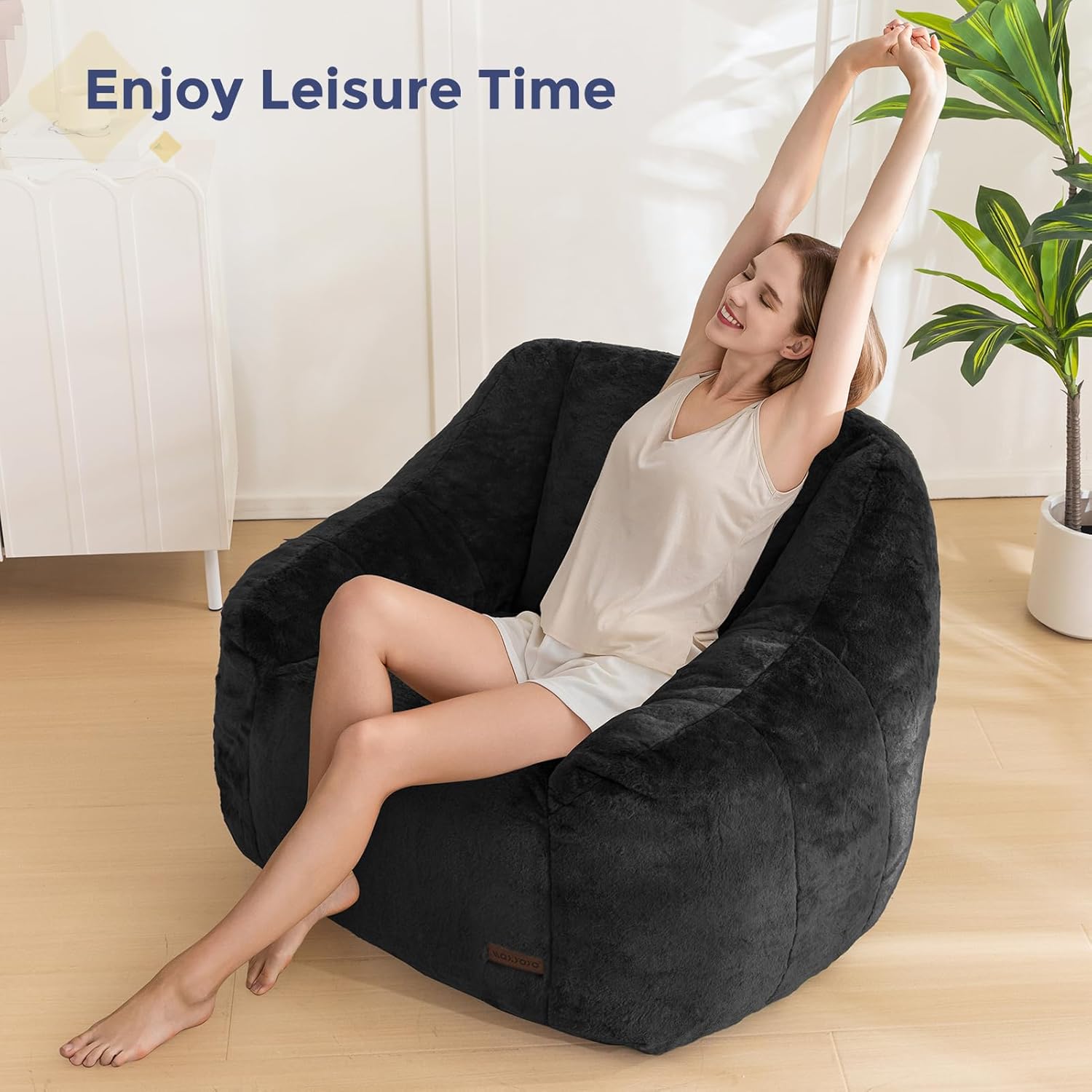 MAXYOYO Bean Bag Chair, Comfy Bean Bag Sofa with Back Support, Faux Fur Bean Bag Chair for Adults and Kids, Stuffed Floor Sofa for Living Room, Bedroom, Apartment, Black