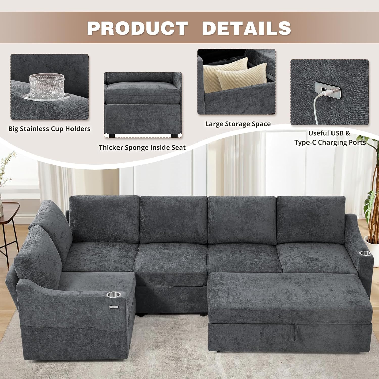 84" Chenille Modular Sofa Bed w/Adjustable Backrests, L-Shape Sleeper Sofa w/USB Ports & Storage Space, Convertible Corner Sectional Couch w/Pull Out Bed for House, Living Room, Grey