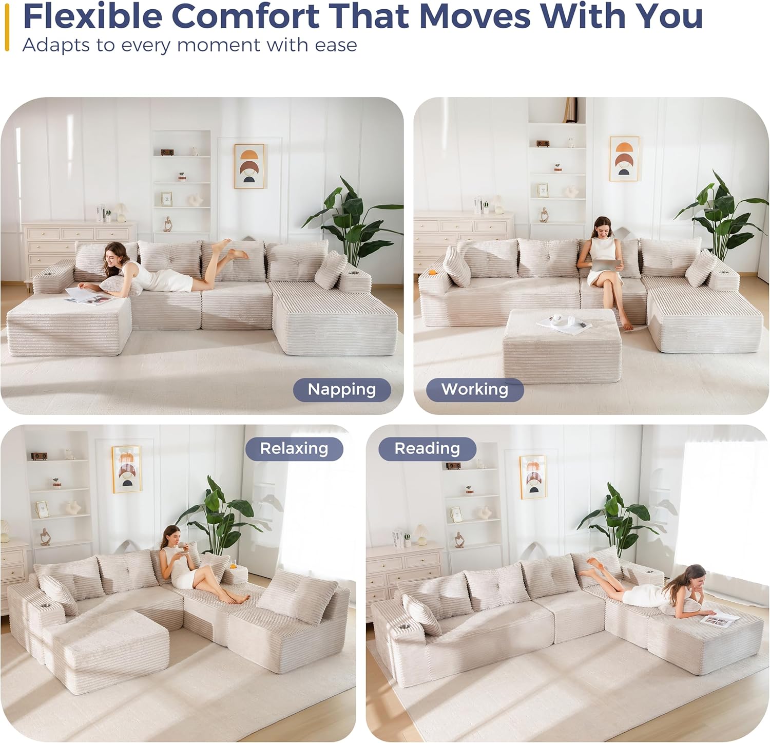 MAXYOYO 132" Giant U-Shaped Modular Sectional Couch, Modern Boneless Couch for Living Room, Sofa in A Box, Oversized Sofa Sleeper with Deep Seat, No Assembly Required, Grayish Beige