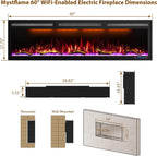 60 Inch WiFi Electric Fireplace Heater, Recessed or Wall Mounted, Ultra‑Slim 5.51" Deep, 750/1500W, 12 Flame Colors & 12 Ember Bed Colors,Remote & App Control, Works with Alexa & Google Home