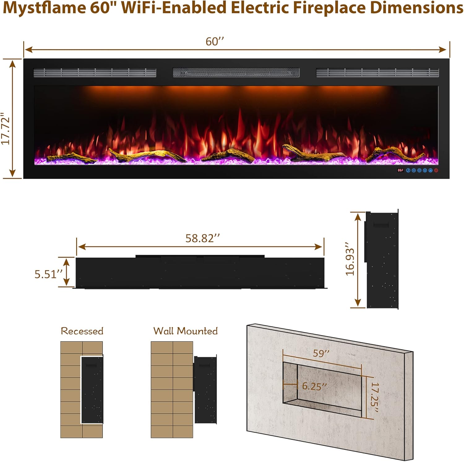 60 Inch WiFi Electric Fireplace Heater, Recessed or Wall Mounted, Ultra‑Slim 5.51" Deep, 750/1500W, 12 Flame Colors & 12 Ember Bed Colors,Remote & App Control, Works with Alexa & Google Home