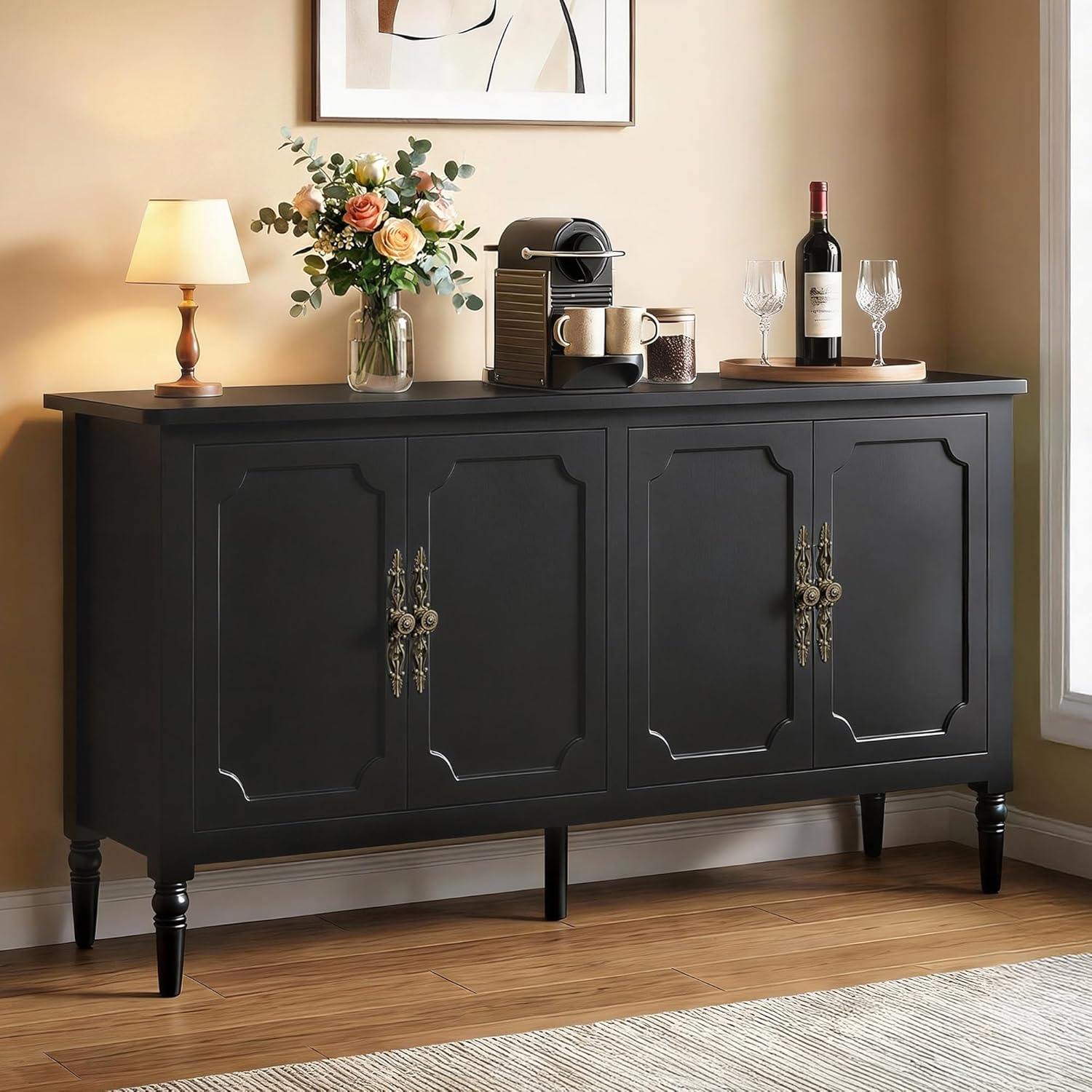 RoyalCraft 59" Buffet Cabinet with Storage, Vintage Sideboard with Adjustable Shelves & Carved Handle, Mid Century Modern Painted Credenza Coffee Bar for Kitchen, Dining Room, Satin Black