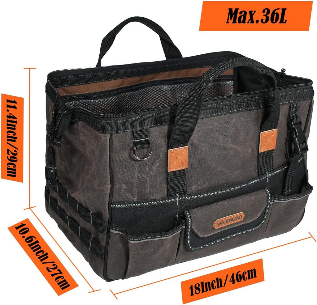 WELKINLAND 18 Inch Waxed Canvas Tool Bag, Heavy-Duty Electrical Tool Bag, Large-Opening 28-Pocket Tools Bag, 36L Tool Bags For Men, Quick-Access HVAC Tools Bags