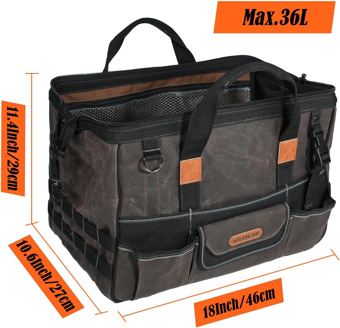 WELKINLAND 18 Inch Waxed Canvas Tool Bag, Heavy-Duty Electrical Tool Bag, Large-Opening 28-Pocket Tools Bag, 36L Tool Bags For Men, Quick-Access HVAC Tools Bags
