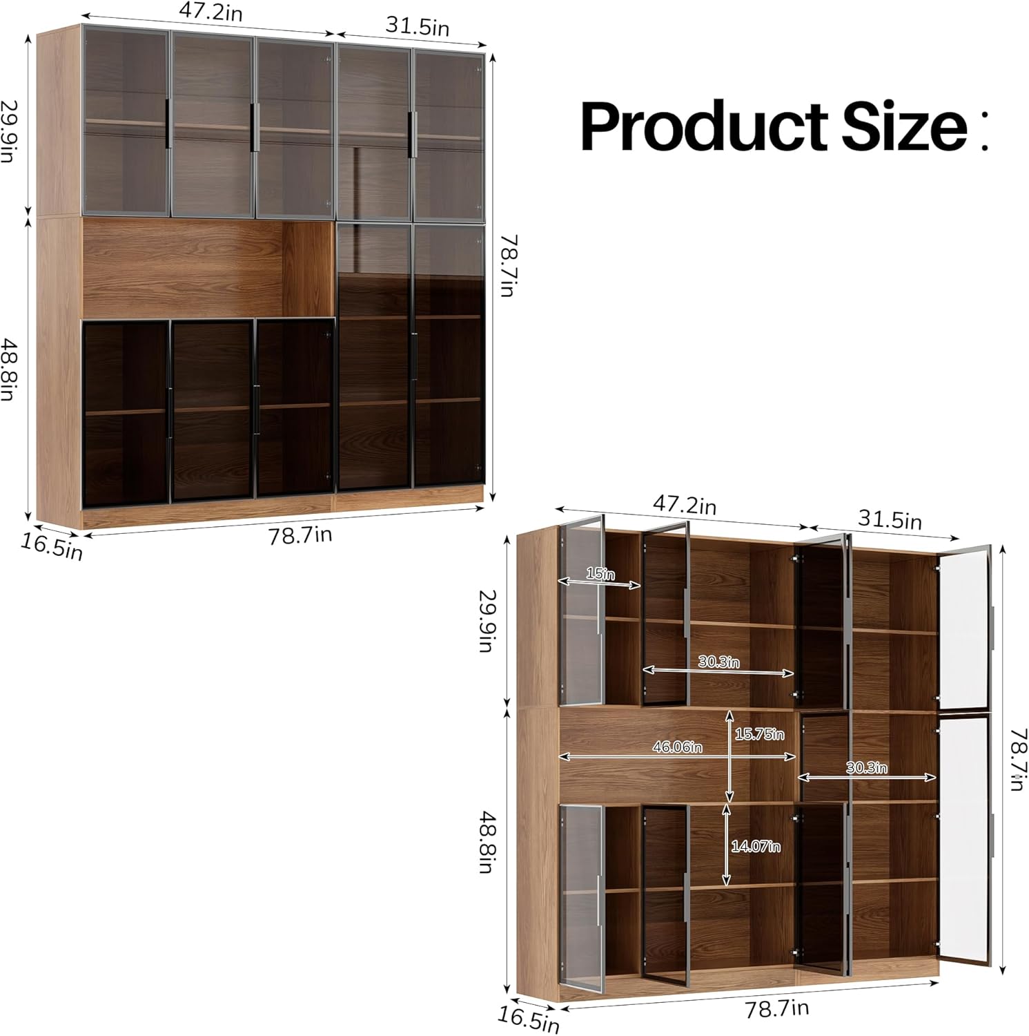 5 Tier Glass Display Cabinet with Adjustable LED Lights, 78.7" Lighted Curio Cabinet with Glass Doors & Shelves, Tall Display Case for Collectibles - Walnut
