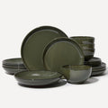 Pokini 16 Piece Double Bowl Dinnerware Sets with Pasta Bowls, Highly Chip and Crack Resistant Plates and Bowls Sets, Natural Earthyware Ceramic Dishware Sets, Service for 4 Blackish Green