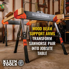 Klein Tools 80178 Folding Saw Horse, Adjustable 26 to 32-Inch Height, 2x4 Support Arms, Heavy Duty Jobsite Table, 2-Pack