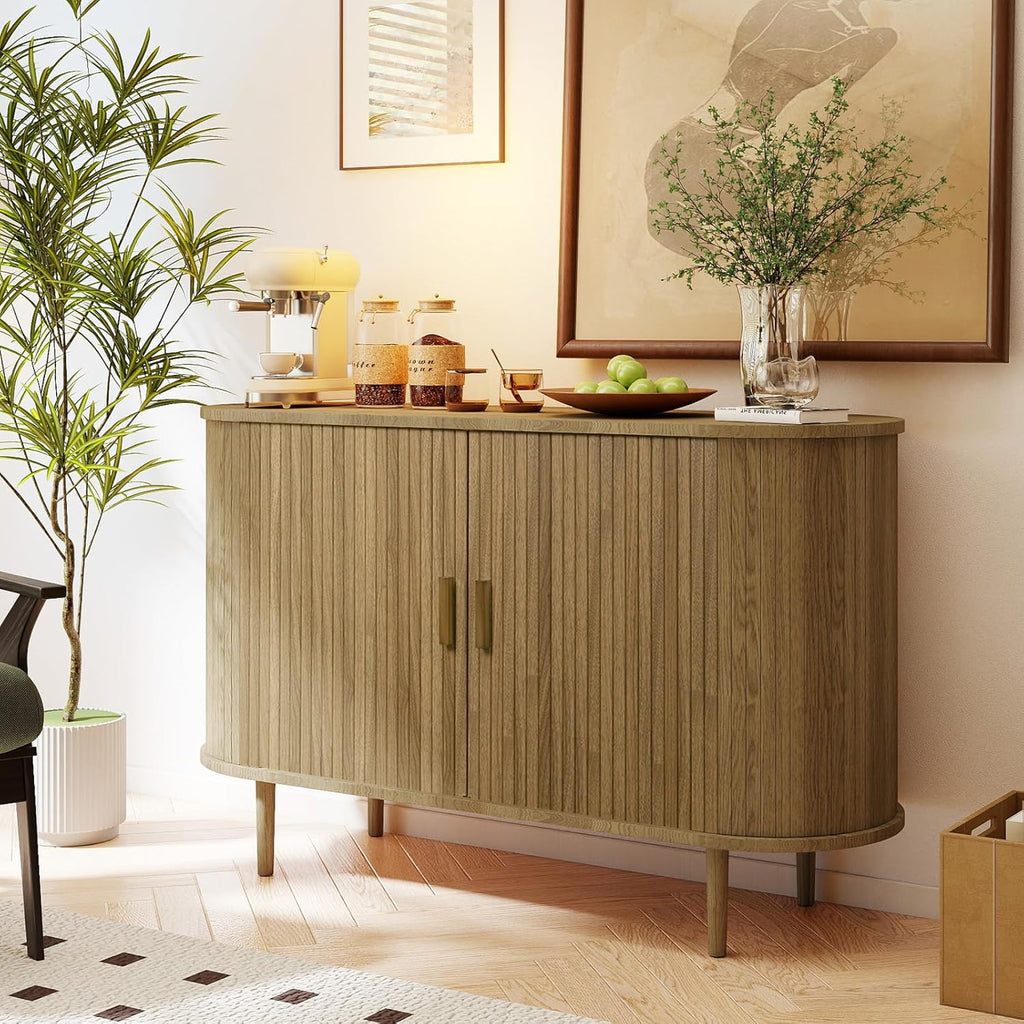 Sideboard Buffet Cabinet,46.85" Fluted Sideboard Storage Cabinet with Fluted Sliding Door,Modern Stand Console Cabinet for Kitchen & Living Room,Restaurant,Entryway(Brown)