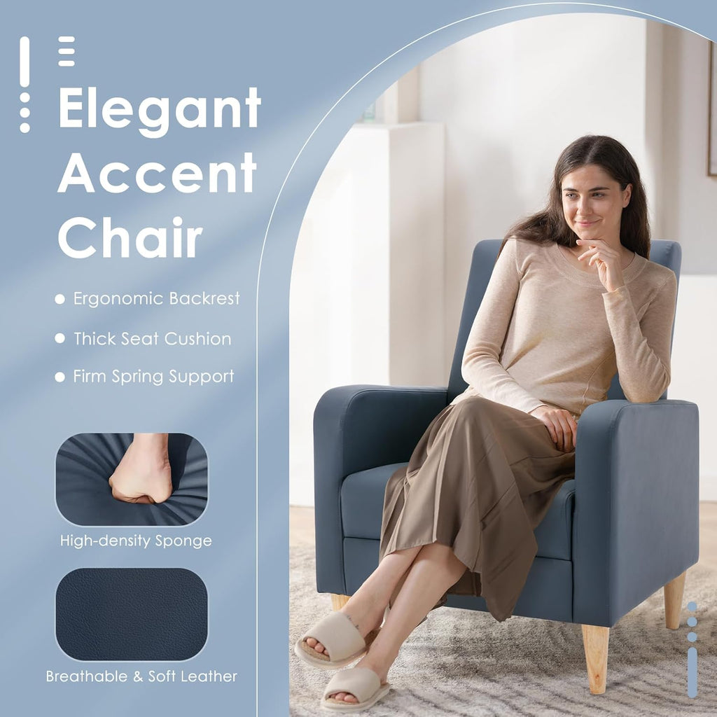 COLAMY Modern Upholstered Accent Chair Armchair with Pillow, PU Leather Reading Living Room Side Chair,Single Sofa with Lounge Seat and Wood Legs, L-Blue