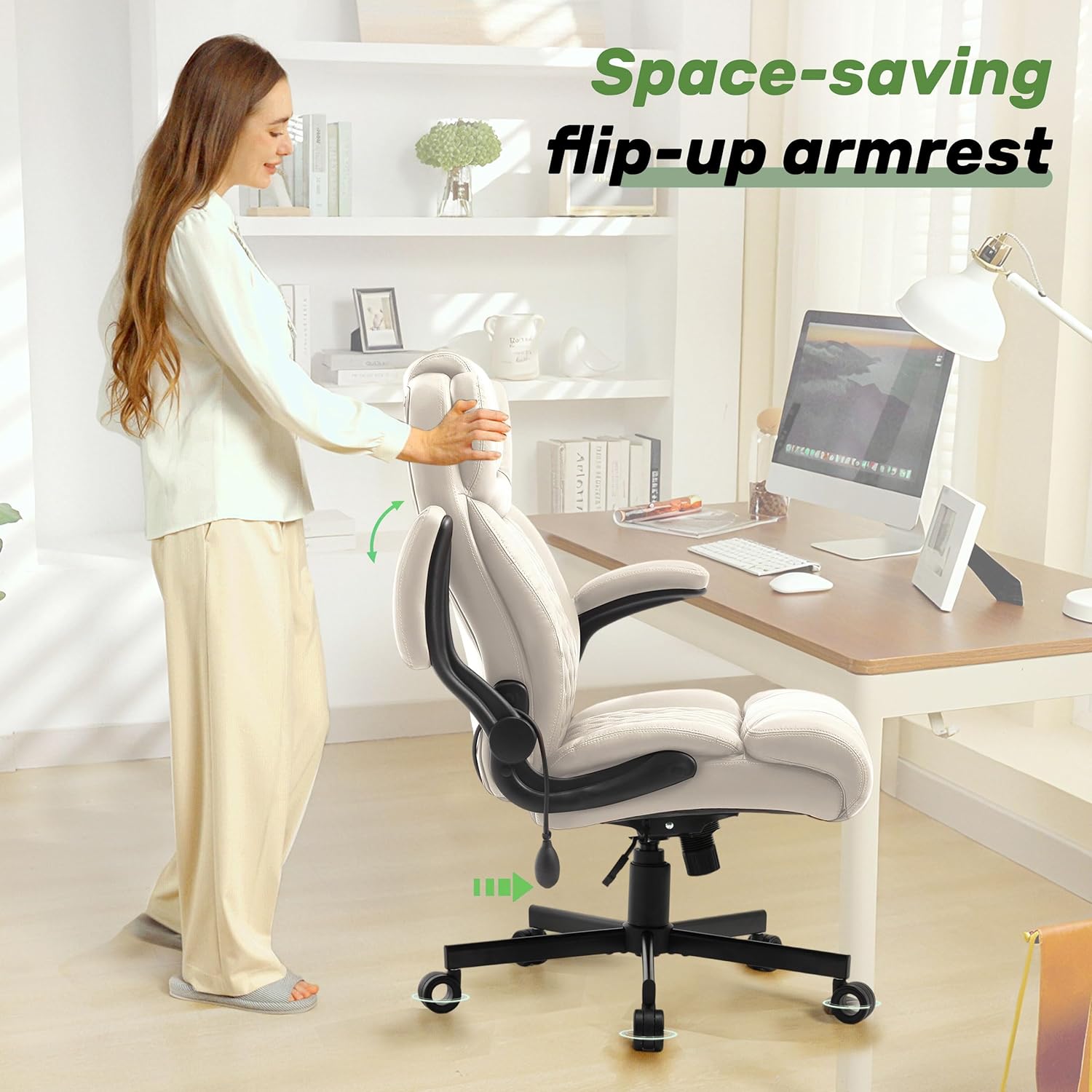 Office Chair, Big and Tall Executive Chairs with Lumbar Support for Back Pain, Breathable Desk Computer Chair with Adjustable Flip-up Armrests, Wide Cushion Swivel Home Office Chair Beigewhite